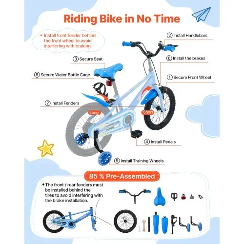 VEVOR Kinderfahrrad für 4-7 Straßenfahrrad 16 Zoll mit Stützrädern Blau, Kinderrad für Jungen & Mädchen, aus Kohlenstoffstahl, BMX-Stil, Doppelbremsen, Sattel & Lenker Verstellbar, Getränkehalter – Bild 6