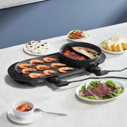 VEVOR Hot Pot mit Grill, 2200 W 2 in 1 elektrischer rauchfreier Grill und Hot Pot, koreanischer BBQ Shabu Feuertopf mit separater doppelter Temperaturregelung & antihaftbeschichteter Pfannen – Bild 7