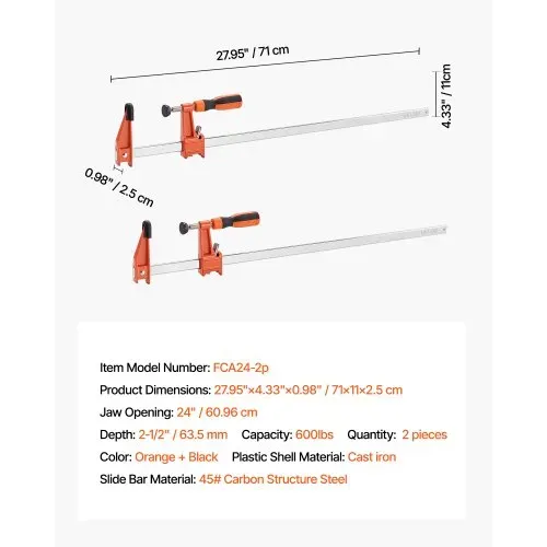 VEVOR Stangenklemmen für Holzbearbeitung 2 Stk. 60,96 cm Öffnung, feststellbare F-Klemme mit 272 kg Belastungsgrenze, 63,5 mm Tiefe, Gusseisen & Kohlenstoffstahl, einfach zu bedienen, Metallbearbeitung – Bild 6