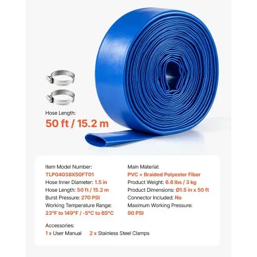 VEVOR Rückspülschlauch 1,5 Zoll 15,2 m PVC Flachschlauch Ablaufschlauch für Poolentwässerung und Bewässerung mit 90 psi, Anschlusswahl ohne Vorinstallierte Kupplungen für Verschiedene Pumpensysteme – Bild 6