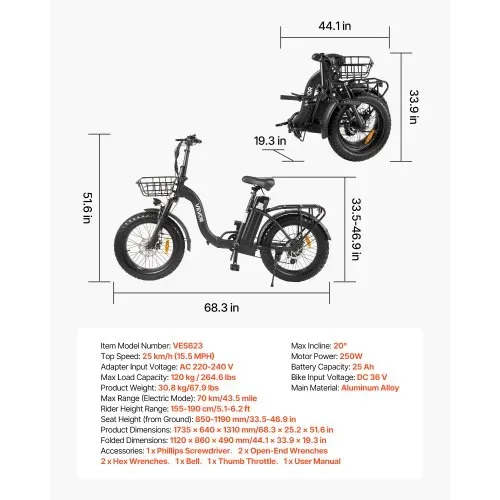 VEVOR Elektrofahrrad 250 W für Erwachsene mit großem, herausnehmbarem 25 Ah-Akku, bürstenlosem 36 V-Motor mit 25 km/h, bis zu 70 km maximale Reichweite, pneumatischem E-Bike mit 7-Gang-Schaltung – Bild 6