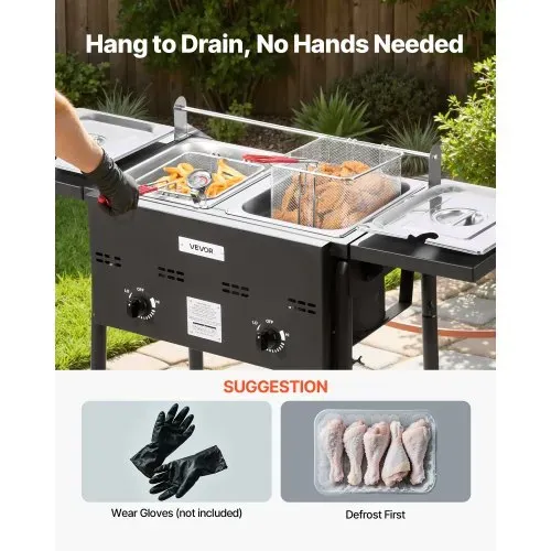 VEVOR Propan-Fritteuse Outdoor gewerbliche Fritteuse mit 2 Tanks (9 L x 2), Edelstahl-Kocher mit faltbarer Plattform & Doppelkorb & Wärmeregulierung, Standfritteusen für Restaurants Snackbars – Bild 4