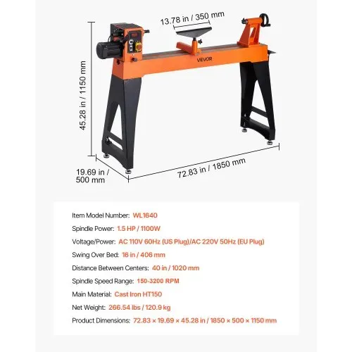 VEVOR Drechselbank, 1,5 PS, Drechselmaschine mit variabler Drehzahl von 0 bis 3200 U/min, Drehtischmaschine 406x1020 mm Werkbank, Drehbank, für mittlere bis große Holzbearbeitungsprojekte – Bild 6
