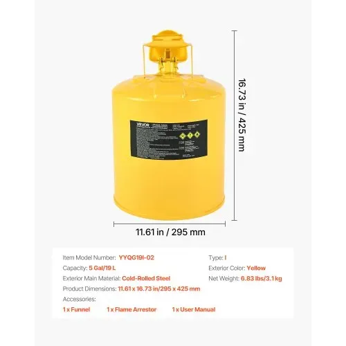 VEVOR Sicherheitskanister, 19 L, Typ I Sicherheitsbehälter für Diesel mit Flammensperre, selbstschließendem Deckel & PE-Trichter, ergonomischem Griff, Lagerbehälter für brennbare Stoffe, Gelb – Bild 6