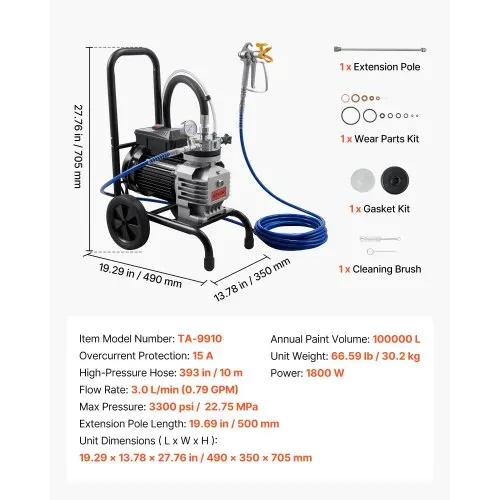 VEVOR Membran-Airless-Farbspritzgerät 1800 W, Rollbares Farbspritzgerät mit 22,75 MPa Hochdruck, 10 m Hochdruckschlauch, Reinigungsnadel und Bürste, für DIY-Sprüharbeiten im Innen- und Außenbereich – Bild 6