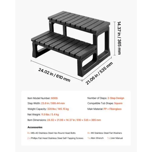 VEVOR Badewannenstufe Pooltreppe 2-stufige Außentreppe, 599,44 mm breite PP-Leiter für oberirdische/aufblasbare Pools mit 145,15 kg Tragkraft, vielseitig einsetzbar für Veranda Terrasse Wohnmobile – Bild 6