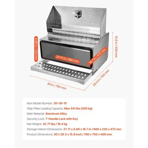 VEVOR Sattel-Trittkasten, 760x750x400 mm, Werkzeugkasten aus Alu, Aufbewahrungsbox für Einstiegsstufe der Fahrerkabine mit T-Griff, Schloss & Schlüsseln für Pritschenwagen, Kräne & Sattelschlepper – Bild 6