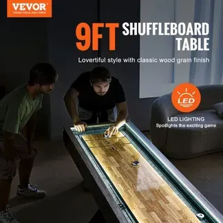 VEVOR Shuffleboard-Tisch, 9 Fuß langes Shuffleboard mit LED-Beleuchtung für das Familienspielzimmer, 2-in-1-Shuffleboard- und Bowling-Kombispielset, mit kratzfestem Spielfeld, Beinen, 8 Pucks, Bowlingset, Wachs, Bürste VEVOR Shuffleboard-Tisch, 9 Fuß langes Shuffleboard mit LED-Beleuchtung für das Familienspielzimmer, 2-in-1-Shuffleboard- und Bowling-Kombispielset, mit kratzfestem Spielfeld, Beinen, 8 Pucks, Bowlingset, Wachs, Bürste