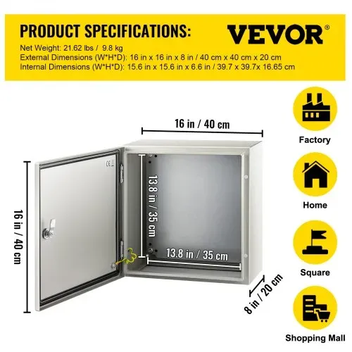 VEVOR Stahl-Schaltkasten, Elektrogehäuse, 40x40x20 cm, Kohlenstoffstahl, IP65 – Bild 6