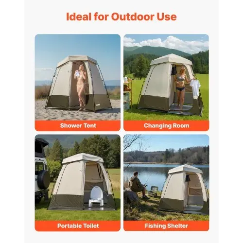 VEVOR Duschzelt mit 2 Räumen, Toilettenzelt (250x122x218 cm) mit Sichtschutz, Umkleidezelt inkl. Heringen & Seilen & Tragetasche & Querstange, aus 150D Oxford-Gewebe für Camping Strand Angeln Khaki – Bild 5