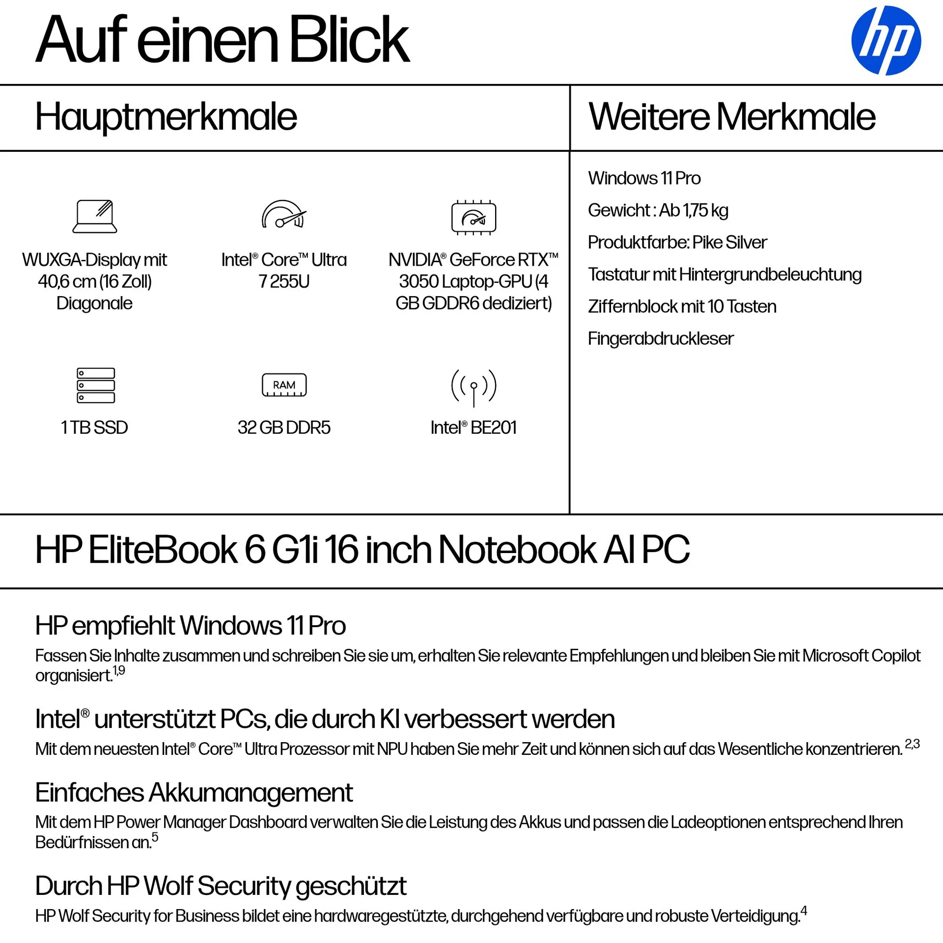 HP EliteBook 6 G1i AI Intel Core Ultra 7 255U Laptop 40,6 cm (16") WUXGA 32 GB DDR5-SDRAM 1 TB SSD Wi-Fi 7 (802.11be) Windows 11 Pro AI PC Silber – Bild 4