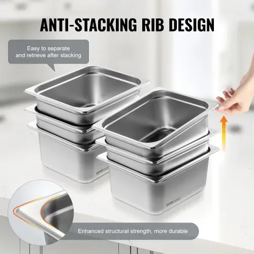 VEVOR 1/2-Größe 1/2 Gastronormbehälter, Edelstahl Behälter 6 Stk. 325 x 266 x 148 mm Speisebehälter, kommerzieller Dampfpfanne Warmhaltebehälter, Hotelpfanne Tisch Food Pan Buffet – Bild 3