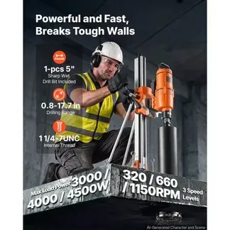 VEVOR Diamant Kernbohrgerät 4500W Kernbohrmaschine Trocken & Nass 20-450mm, für Beton Ziegel Stein 127mm Nassbohrer Neigbarer Ständer Fahrgestell 1150U/min 3-Stufiger Drehzahlregler UNC1 1/4-7-Gewinde VEVOR Diamant Kernbohrgerät 4500W Kernbohrmaschine Trocken & Nass 20-450mm, für Beton Ziegel Stein 127mm Nassbohrer Neigbarer Ständer Fahrgestell 1150U/min 3-Stufiger Drehzahlregler UNC1 1/4-7-Gewinde
