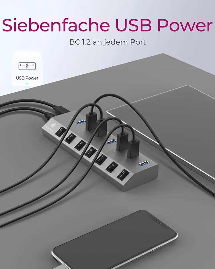 ICY BOX IB-HUB1701-C3, 7 Port USB 3.2 Gen 1 Type-A Hub, Aluminium Gehäuse, mit 7x USB Type-A, Type-A + Type-C Host, An-/Ausschalter für jeden Port – Bild 4