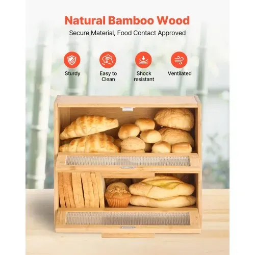 VEVOR Doppellagiger Brotkasten für Küchentheke Brotbehälter Brotbox Brot-Organizer aus Holz für selbstgebackenes Brot, Aufbewahrungsbehälter mit gewellter Acryl-Türplatte, Brotaufbewahrung Natur – Bild 3