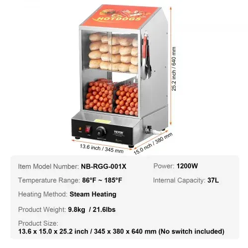 VEVOR Hot Dog Dampfgarer, 37L, 2-stufiger Hot Dog Hütten-Dampfgarer, 30℃~85℃ Temperaturregelung, elektrischer Brötchenwärmer mit Schiebetüren aus gehärtetem Glas, Trennplattenzange, Edelstahl, für Hot Dogs & Brötchen – Bild 6