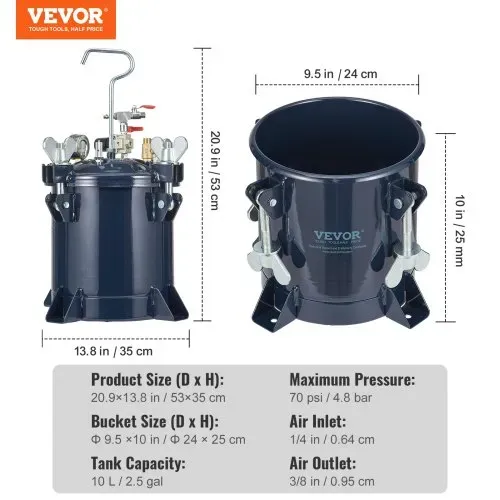 VEVOR Druckbehälter Farbbehälter Sprühfarbe Drucktopf 10 L Drucktank, 70 psi Lackierpistole Farbbehälter Φ 24 × 25 cm Spray Paint Pressure Pot Tank Paint Container Farbspritzpistolen Lacken, Flecken – Bild 6