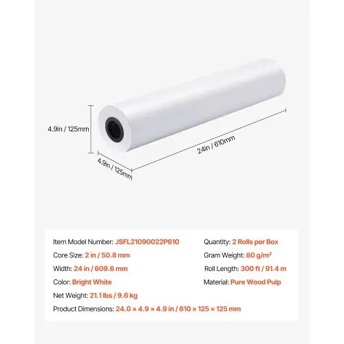 VEVOR Breitformatpapier Papierrollen 609,6 mm (B) / 91,4 m (L), 2 Rollen 20 lb Plotterpapierrollen ideal für CAD-Zeichnungen technische Pläne GIS-Karten Architekturentwürfe Plotterpapier – Bild 6
