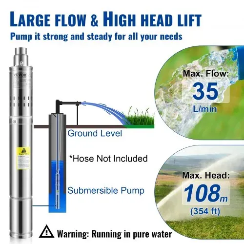 VEVOR 76mm Tiefbrunnenpumpe 550 W Brunnenpumpe max. Durchfluss 35 L/min Tauchpumpe max. Förderhöhe 108 m Tauchwasserpumpe sandbeständig <5% max. Drehzahl – Bild 2