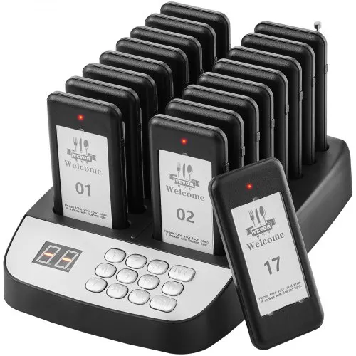 VEVOR Restaurant-Pager-System, Kabelloses Warteschlangensignal mit 500 m Reichweite, Piepser zur Rufannahme von Gästen mit Vibration und Blinken, 16 Pager für Imbisswagen, Kirche VEVOR Restaurant-Pager-System, Kabelloses Warteschlangensignal mit 500 m Reichweite, Piepser zur Rufannahme von Gästen mit Vibration und Blinken, 16 Pager für Imbisswagen, Kirche