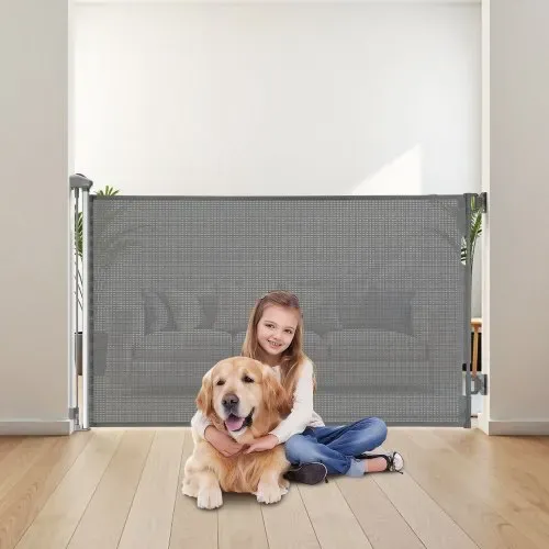 VEVOR Einziehbares Babygitter Hundegitter ausziehbar auf 145 cm Breite / 98 cm Höhe, Treppenschutzgitter mit Sicherheitsschloss, Schutzgitter aus Netzgewebe für Treppen Flure drinnen/draußen, grau – Bild 7