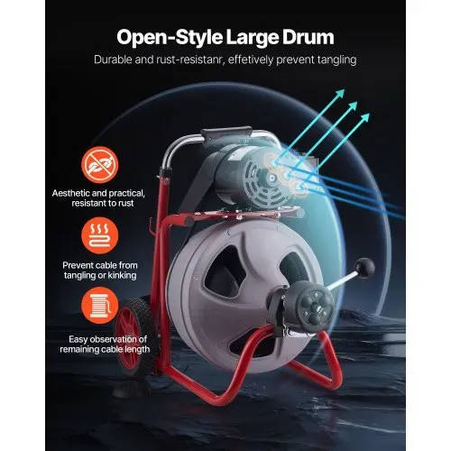 VEVOR Rohrreinigungsmaschine 22 m x 9,5 mm, Rohrreinigungsgerät mit Automatischem Vorschub, 8 Schneidwerkzeugen & Pneumatischem Fußschalter, Rohrreiniger für Rohrdurchmesser von 50 bis 100 mm – Bild 3