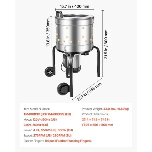 VEVOR Geflügelrupfmaschine, 400-mm-Trommel, 500 W, 230 U/min, elektrische Rupfmaschine mit 114 weichen Fingern & Transporträdern, Federentferner aus Edelstahl zur Verarbeitung von 1–2 Hühnern – Bild 6