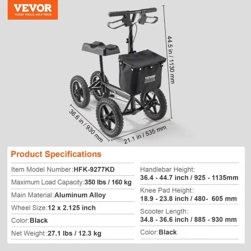VEVOR Knieroller,Knie-Walker aus Aluminium mit höhenverstellbarer Lenkstange und Kniepolster, 30 cm Geländeräder, Doppelbremsen, Bein-Rehabilitationsroller für Knöchel- und Fußbrüche, 160 kg – Bild 6
