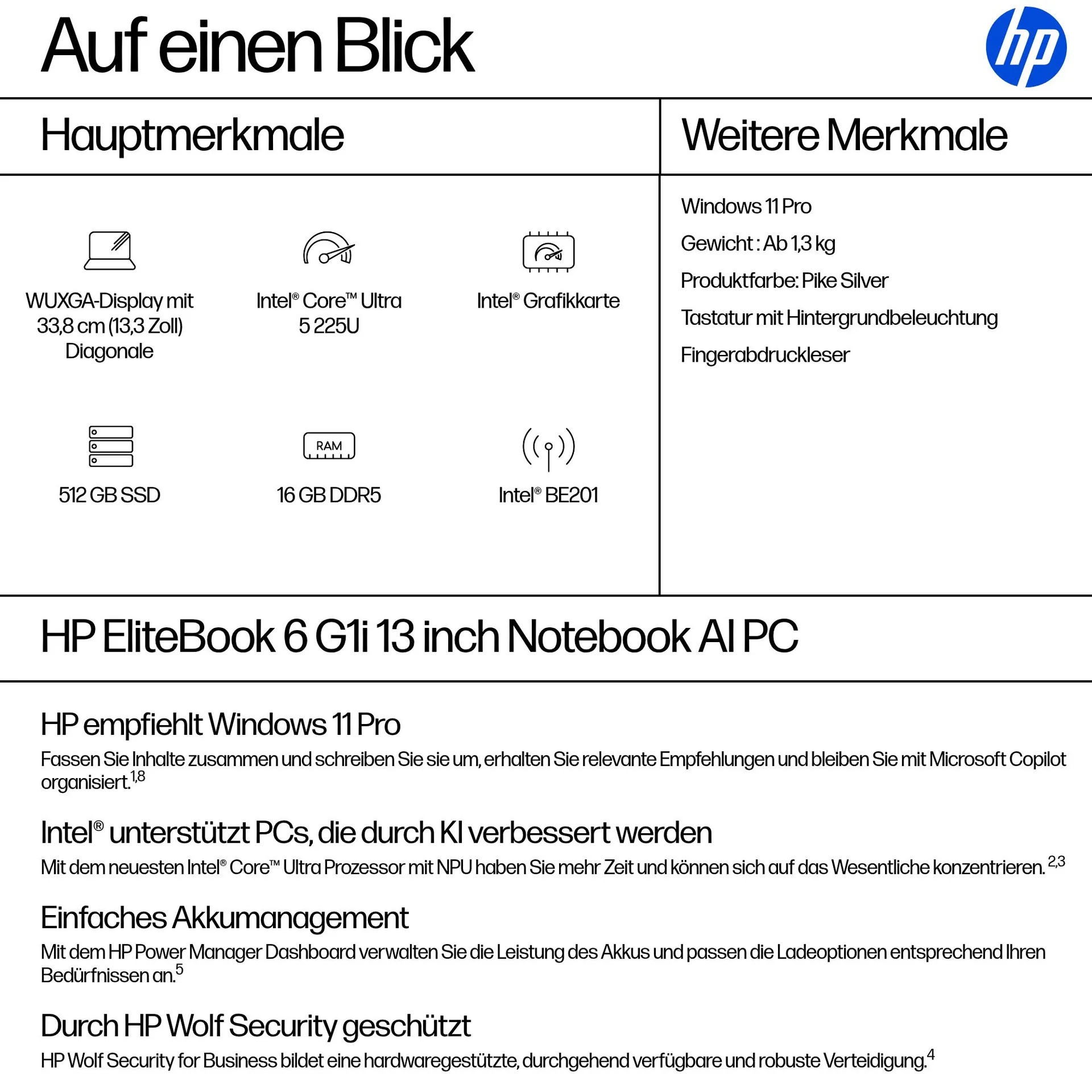 HP EliteBook 6 G1i AI PC Intel Core Ultra 5 225U Laptop 33,8 cm (13.3") WUXGA 16 GB DDR5-SDRAM 512 GB SSD Wi-Fi 7 (802.11be) Windows 11 Pro Silber – Bild 4