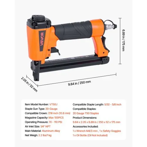 VEVOR Druckluftnagler, T50 Druckluft Tacker für 10,8 mm Krone, 4 -16 mm lange Klammern, 70 - 110 PSI Klammergerät für Holzbearbeitung, Polsterung, Stoff, Handwerk, DIY-Projekte – Bild 6
