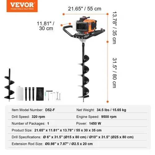 VEVOR Erdbohrer mit Benzinmotor, 52 CC, 1450 W, Benzinbohrer mit 6- und 10-Zoll-Bohrkronen und 3 Verlängerungsstangen, Lochbohrer für Pfostenzäune für Ackerland, Gartenpflanzen, Orange+Schwarz – Bild 6
