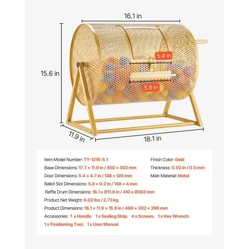 VEVOR Tombola Trommel, 410xØ302 mm, Lostrommel mit Fassungsvermögen von 5000 Lose oder 200 Lotteriebälle, Gewinnspieltrommel mit Kurbel & Dreiecksständer, für Veranstaltungen & Feiern, Gold – Bild 6