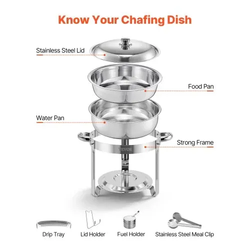 VEVOR Chafing Dish Buffet Speisenwärmer mit 4 Behältern in voller Größe (4,7 L pro), runder Catering-Wärmespender mit Deckel & Wasserpfanne & klappbarer Ständer, für Hochzeiten Partys Silber – Bild 6