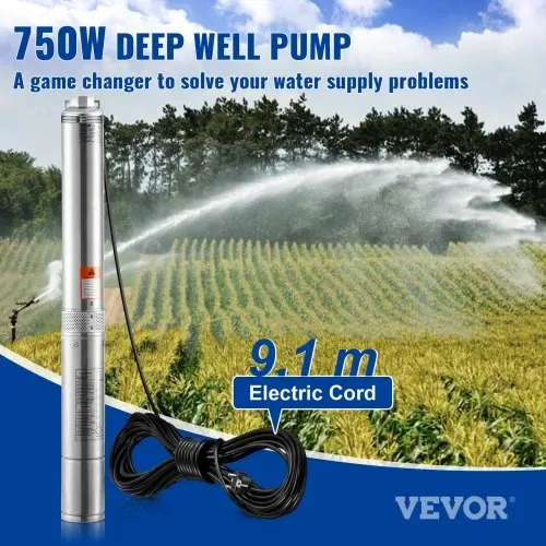 VEVOR Tiefbrunnen-Tauchpumpe, 750 W, 230 V, 60 Hz, 7,1 m³/h max. Durchfluss, 75 m max. Förderhöhe, mit 9,1 m Stromkabel, Edelstahl-Wasserpumpe für Industrie, Bewässerung und Heimgebrauch, IP68-Wasserschutzklasse VEVOR Tiefbrunnen-Tauchpumpe, 750 W, 230 V, 60 Hz, 7,1 m³/h max. Durchfluss, 75 m max. Förderhöhe, mit 9,1 m Stromkabel, Edelstahl-Wasserpumpe für Industrie, Bewässerung und Heimgebrauch, IP68-Wasserschutzklasse