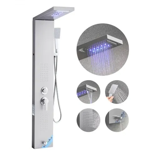 VEVOR Duschpaneel-Turmsystem (5 Modi) mit Regenwasserfall-Duschkopf & LED, (1345 mm) Duschsäule aus gebürstetem Edelstahl, Regenmassagesystem zur Wandmontage, mit Handbrause & Wannenauslauf VEVOR Duschpaneel-Turmsystem (5 Modi) mit Regenwasserfall-Duschkopf & LED, (1345 mm) Duschsäule aus gebürstetem Edelstahl, Regenmassagesystem zur Wandmontage, mit Handbrause & Wannenauslauf