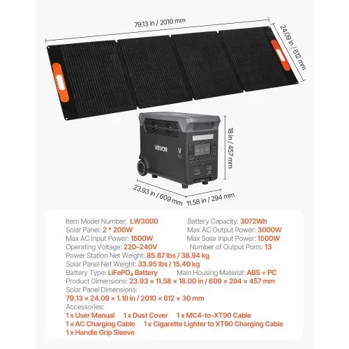 VEVOR Tragbare Powerstation, mit 2 Stk. 200-W-Solarpanels, 3000-W-Solargenerator, 3072-Wh-LiFePO4-Akku & 13 Ausgängen, Ideal für Notfälle zu Hause, Camping & Reisen mit Wohnmobil – Bild 6