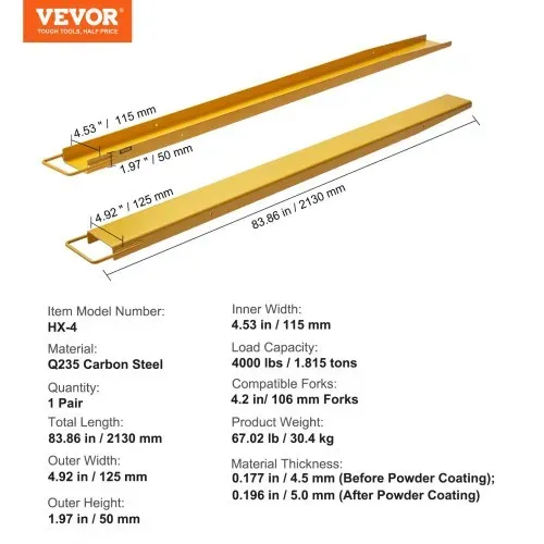 VEVOR 2er-Set Gabelverlängerungen 2130 mm Zinkenverlängerung 1,815 Tonnen Tragfähigkeit Gabelzinken Q235 Kohlenstoffstahl einteiliges Design Palettengabelverlängerung Kompatibel mit 106 mm Gabeln – Bild 6