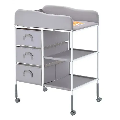 VEVOR Wickeltisch tragbare Wickelstation mit 3 Stoffschubladen & feststellbaren Rädern, höhenverstellbarer multifunktionaler Baby-Wickelkombi mit Aufbewahrungs-Organizer fürs Kinderzimmer Grau – Bild 8