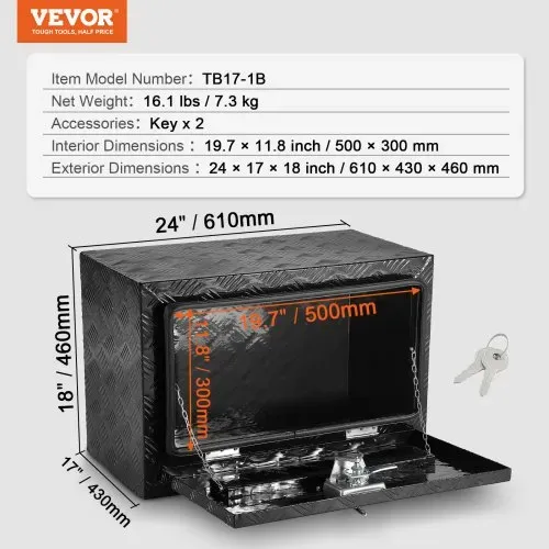 VEVOR Truckbox Werkzeugbox, Unterboden-Anhängerbox, Werkzeugkasten 610 x 430 x 460 mm Pickup-Aufbewahrungsbox, Aluminiumlegierung, 30 kg belastbarer Werkzeugkasten, abschließbare Aufbewahrungsbox – Bild 6