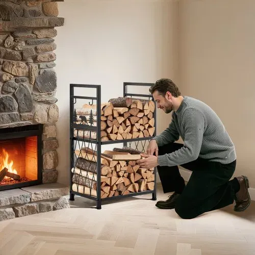 VEVOR Kaminholzregal, 455x330x765 mm, 2-stufiger Brennholzhalter mit Kaminbesteck, Bürste, Schaufel, Schürhaken, Zange, Brennholzregal, 181 kg Tragkraft, Feuerholzregal für Feuerstelle – Bild 7