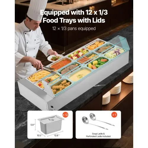 VEVOR kommerzieller Speisenwärmer (12 x 1/3 Größe Behälter), 1,7 kW elektrischer Wärmebehälter aus Edelstahl mit Glasabdeckung & Suppenkelle, Chafing Dishes für Catering Restaurant Party – Bild 2