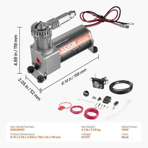 VEVOR Luftdruckstoßdämpfer Set 12 V 100 PSI Bord-Luftkompressorsystem, Luft Kompressor System Luftfederungskompressor Kit mit Einpfadsystem & Druckmesser & Luftleitung für Lkws Transporter – Bild 6
