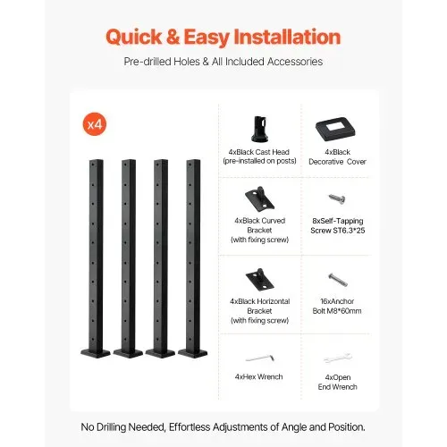 VEVOR Kabelgeländerpfosten, 4er-Pack, 914x25,4x50,8 mm, vorgebohrte horizontale Löcher, Edelstahl SUS304, gebogene horizontale Halterung, für Handlauf, Balustrade, schwarz, 4JZLGZXHS914UUOI6001V0 – Bild 5