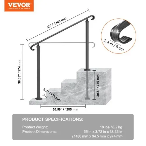 VEVOR Treppengeländer 140x13,5x97 cm Handlauf Geländer Höhe(bis zu 48 cm) & Winkel(0-52,8°) einstellbar Eingangsgeländer Eisenhandlauf Ideal für 2 oder 3 stufige Treppen mit Installationskit Schwarz – Bild 6