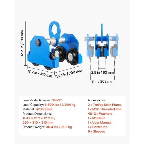 VEVOR Laufkatze mit 2994 kg Tragkraft, Manuelles Rollfahrwerk mit Doppelrädern & 63-203 mm Verstellbarer Flanschbreite, Handfahrwerk aus Kohlenstoffstahl für I-Träger, Krankatze für Werkstatt Lager – Bild 6