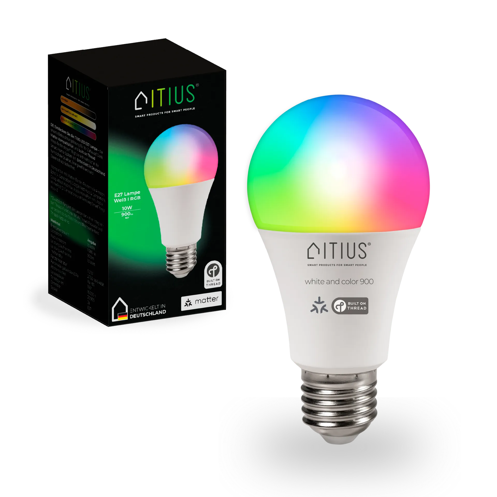 LED-Glühbirne ITIUS, E27, 900lm, RGB + CCT, matter über Thread LED-Glühbirne ITIUS, E27, 900lm, RGB + CCT, matter über Thread