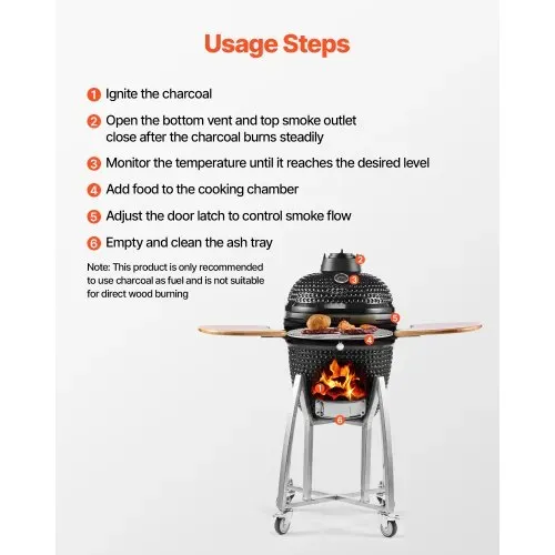 VEVOR Kamado Grill, Keramikgrill, Smoker Ø 450 mm, mit Holzgriffen, Seitenablagen, Metallstand mit Rollen & Thermometer bis 400°C, oberer & unterer Luftstrom, für BBQ, Grillen, Kochen & Backen Outdoor – Bild 5