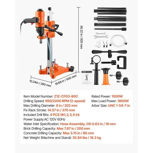 VEVOR Diamant Kernbohrmaschine 1500 W Kernbohrgerät Trocken/Nass max. 200 mm, für Beton Keramikfliesen Ziegel Asphalt Marmorböden, 4 Bohrer, 2-in-1 Hand-/Stativgerät, 1000/2300 U/min, UNC1 1/4–7 Gewinde – Bild 6