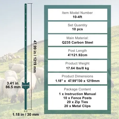 VEVOR 4 Fuß Zaunpfosten, 10er-Pack T-Pfosten Hochleistungs-Zaunpfosten aus Metall, stabile Zaunpfähle aus Stahl für Gartenhof, Rasen, Bauernhöfe und Maschendrahtzäune im Freien, grün – Bild 6
