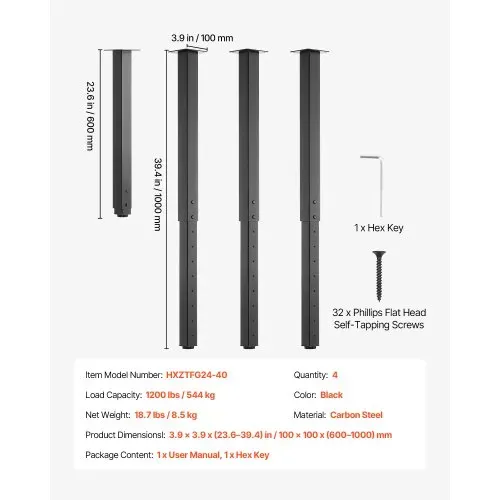 VEVOR Tischbeine 4er-Set, Möbelfüße 60–100cm Höhenverstellbar, Tischfüße Max. 544 kg, Teleskopbein aus Kohlenstoffstahl, für Schreibtische, Couchtische, Esstische, Werkbänke, Quadratisch – Bild 6